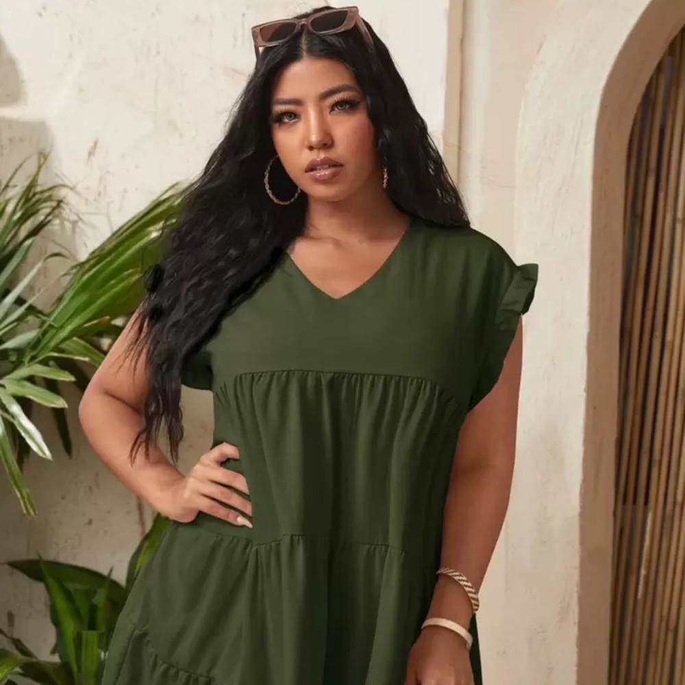SHEIN Unity Curve Solid V-Neck Army Green Smock Dress 4XL